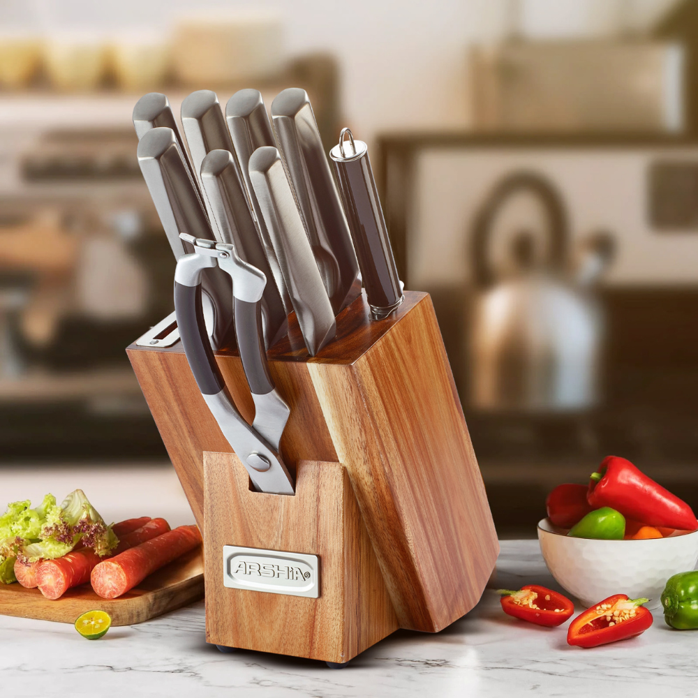 Arshia 10-Piece Titanium-Coated Knife Set with Steel Stand