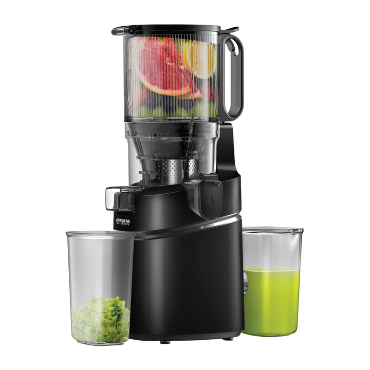 Arshia Juicer Machine Slow Juicer 250W – Cold Press Masticating, 130mm Wide Chute, Triple Filter, Quiet 68dB, Juice & Pulp Cups (Grey/Black)