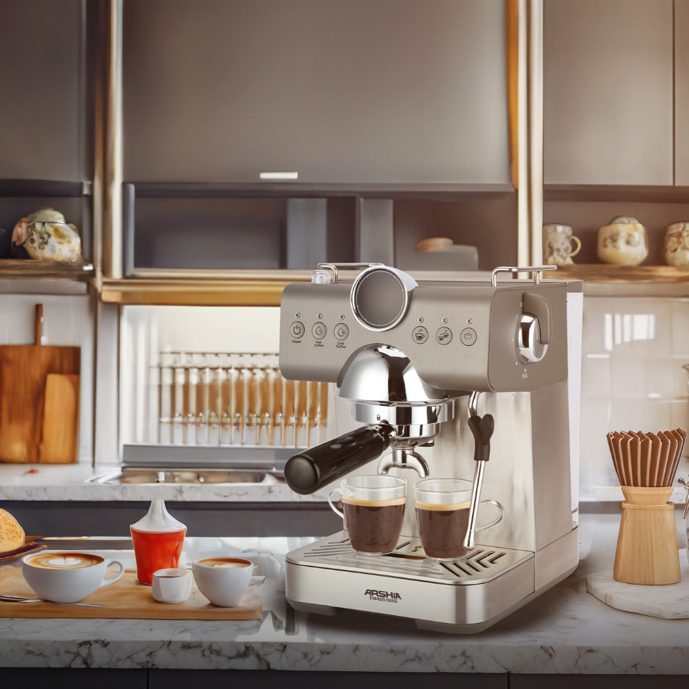 Arshia Espresso Maker EM498 – 20-Bar Pressure, 1.5L Water Tank, 1250–1450W, Home Coffee Machine with Pitcher & Tamper