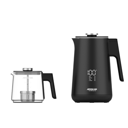 Arshia Tea Maker (Black) – 1500W, 1.7L Kettle + 0.8L Glass Pot, LED Display, Pre-Set Programs