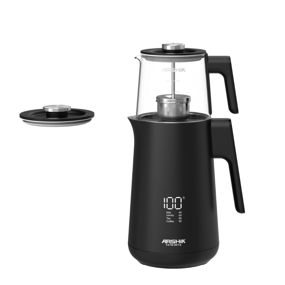 Arshia Tea Maker (Black) – 1500W, 1.7L Kettle + 0.8L Glass Pot, LED Display, Pre-Set Programs