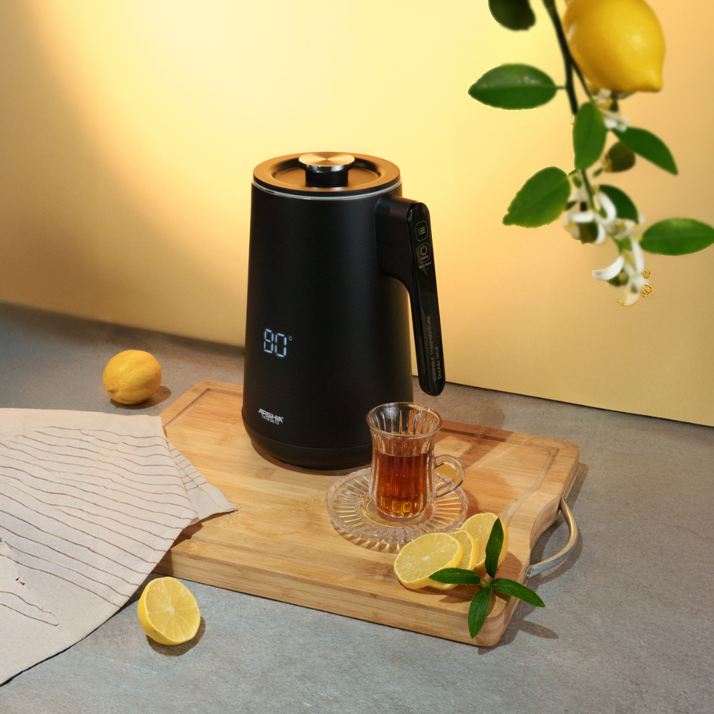 Arshia Tea Maker (Black) – 1500W, 1.7L Kettle + 0.8L Glass Pot, LED Display, Pre-Set Programs