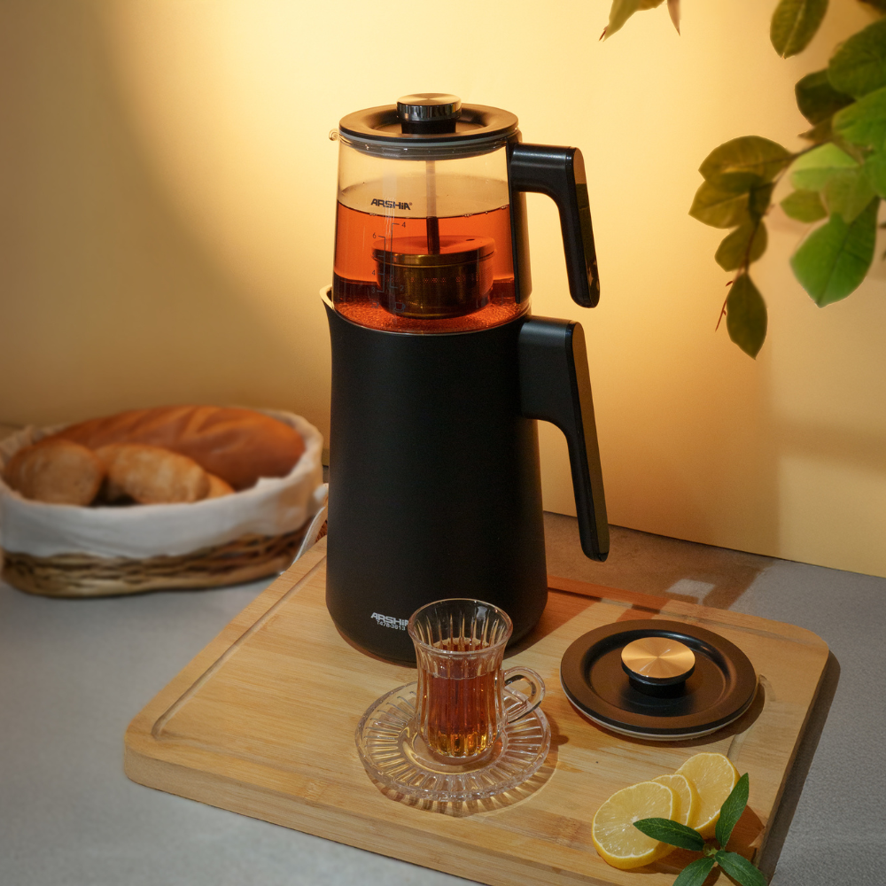 Arshia Tea Maker (Black) – 1500W, 1.7L Kettle + 0.8L Glass Pot, LED Display, Pre-Set Programs