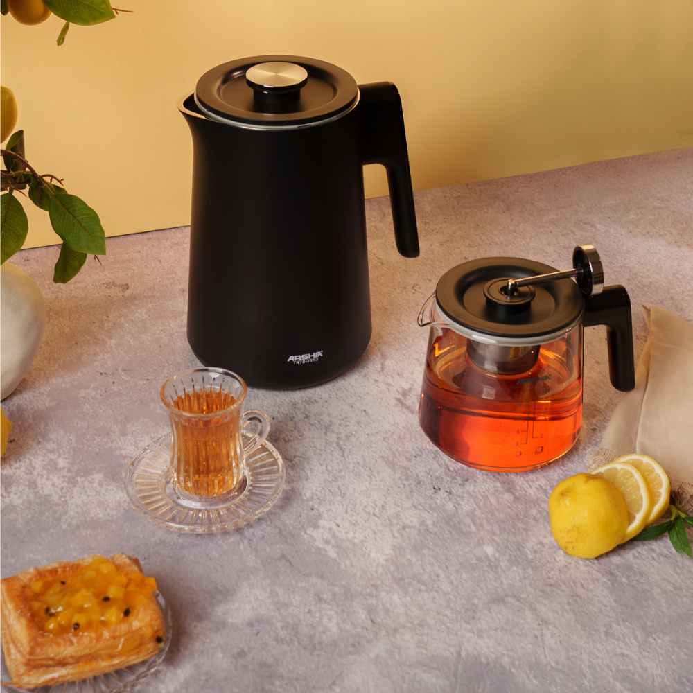 Arshia Tea Maker (Black) – 1500W, 1.7L Kettle + 0.8L Glass Pot, LED Display, Pre-Set Programs