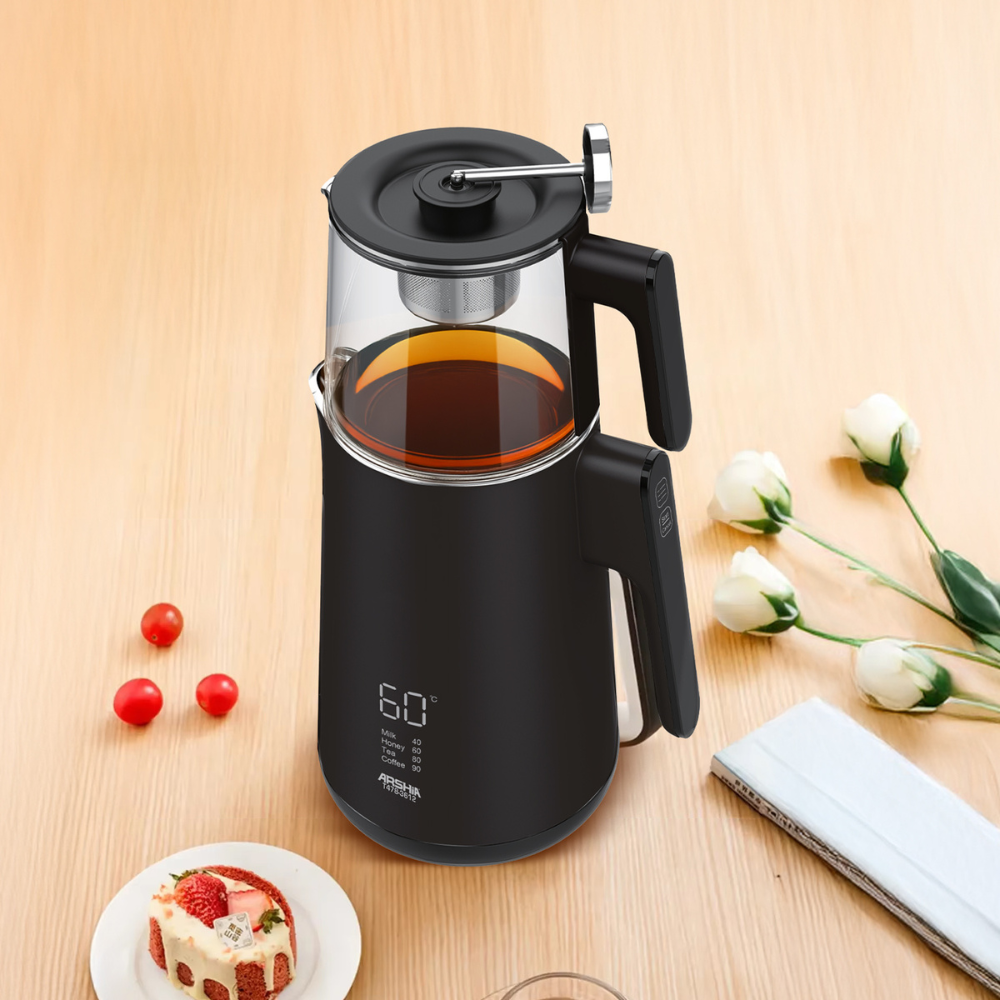 Arshia Tea Maker (Black) – 1500W, 1.7L Kettle + 0.8L Glass Pot, LED Display, Pre-Set Programs