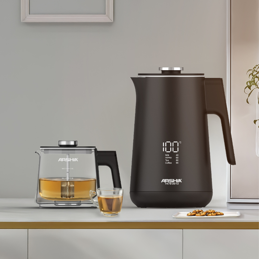 Arshia Tea Maker (Black) – 1500W, 1.7L Kettle + 0.8L Glass Pot, LED Display, Pre-Set Programs