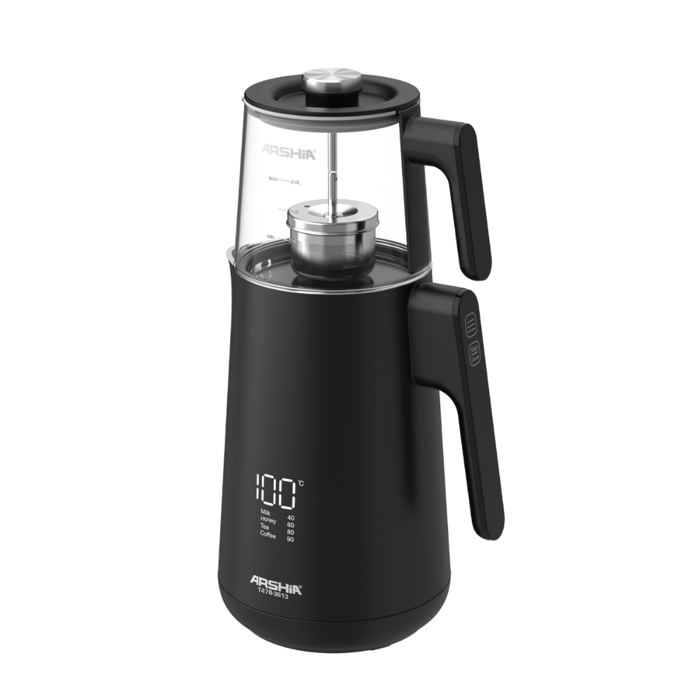 Arshia Tea Maker (Black) – 1500W, 1.7L Kettle + 0.8L Glass Pot, LED Display, Pre-Set Programs