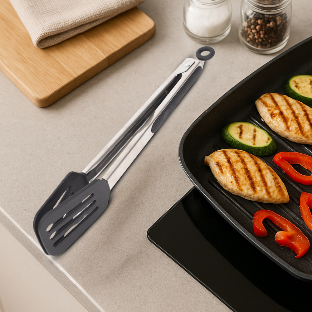 Arshia 12-Inch Turner Tongs – Stainless Steel & Silicone, Non-Slip Grip, Heat-Resistant, Safe for Nonstick
