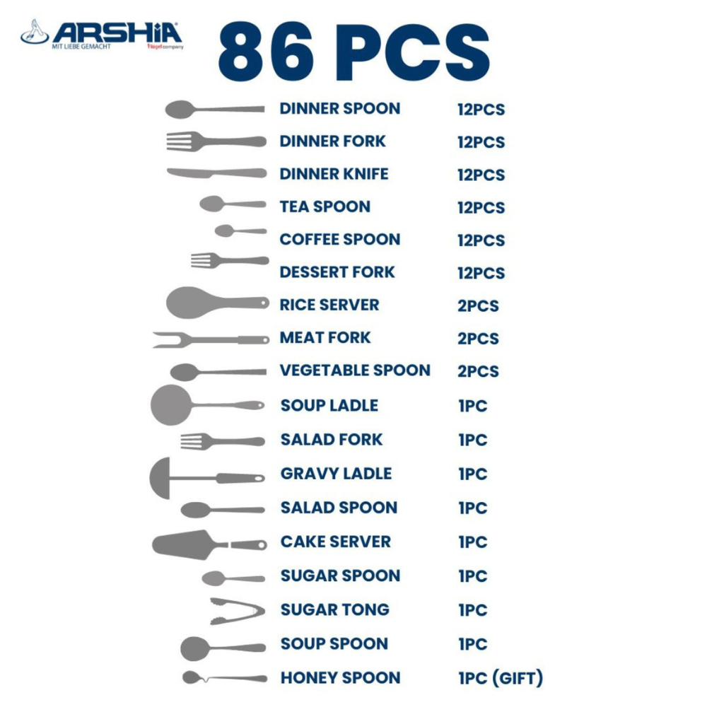 Arshia 86-Piece Silver Cutlery Set – Premium 18/10 Stainless Steel, Elegant Flatware, Durable & Stain-Resistant