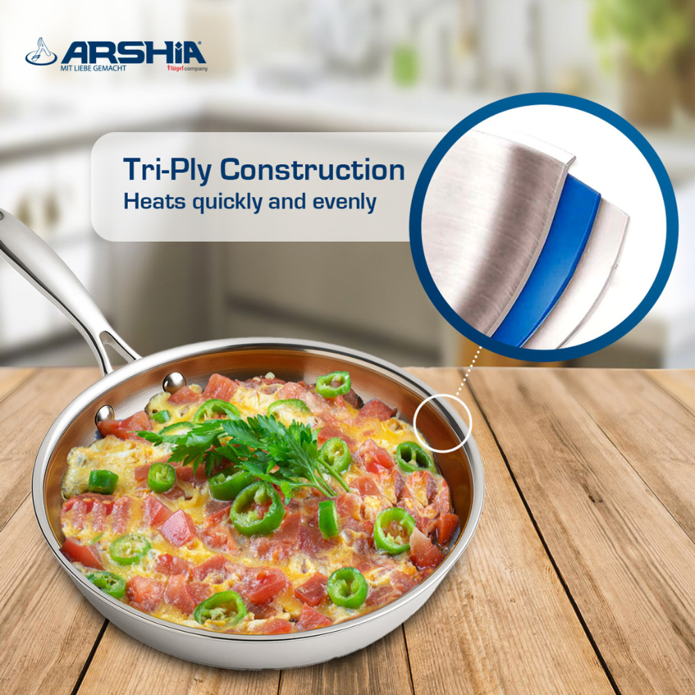 Arshia 20cm Tri-Ply Stainless Steel Fry Pan – Durable 18/10 Steel, Even Heat, Induction Ready
