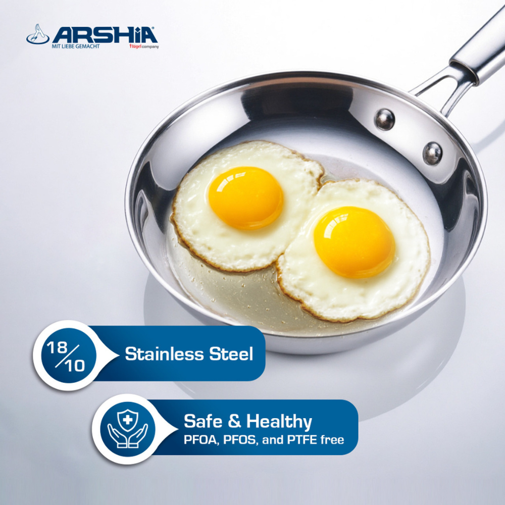 Arshia 20cm Tri-Ply Stainless Steel Fry Pan – Durable 18/10 Steel, Even Heat, Induction Ready