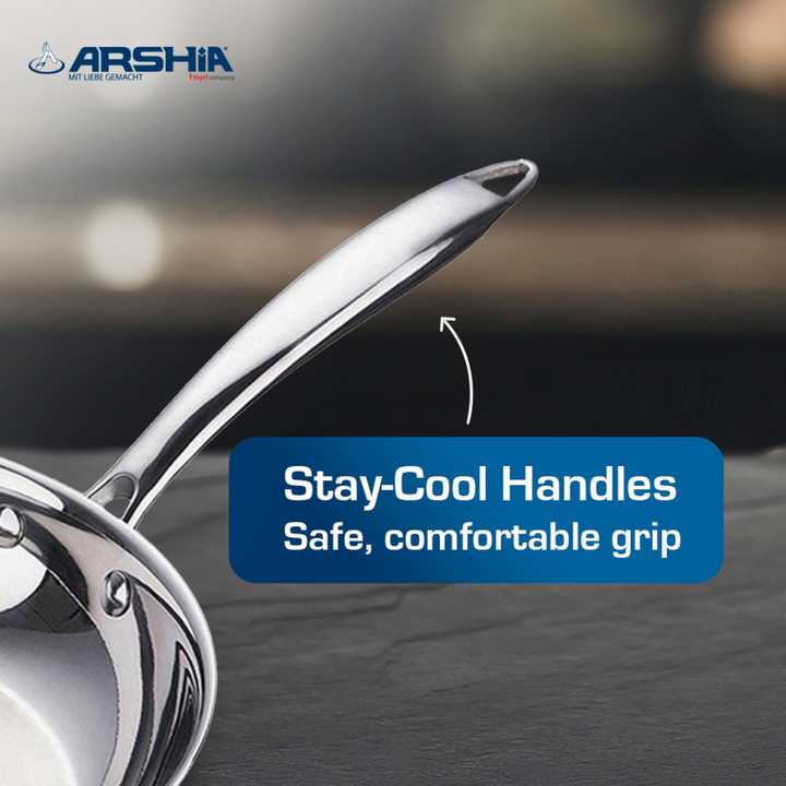 Arshia 20cm Tri-Ply Stainless Steel Fry Pan – Durable 18/10 Steel, Even Heat, Induction Ready