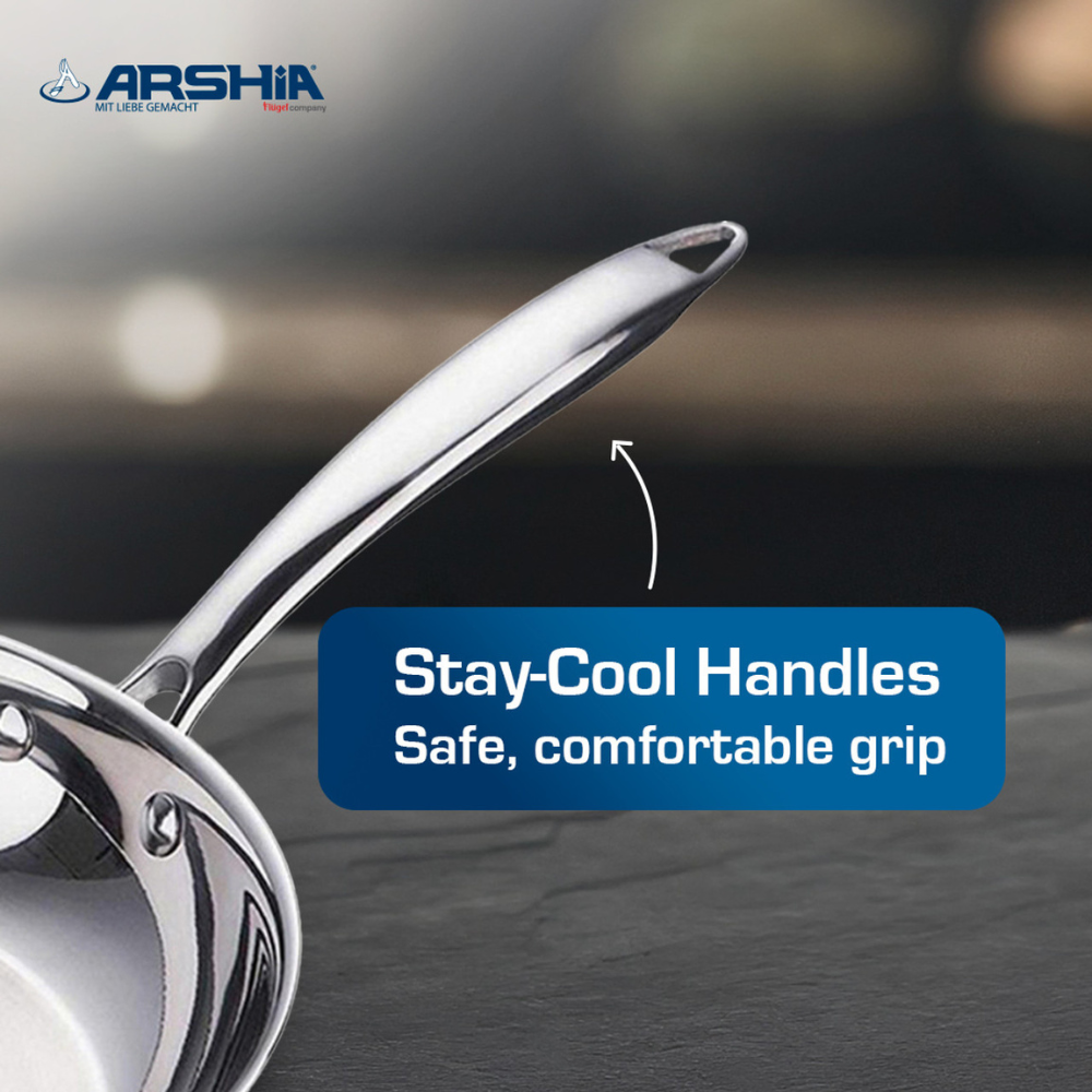 Arshia 20cm Tri-Ply Stainless Steel Fry Pan – Durable 18/10 Steel, Even Heat, Induction Ready