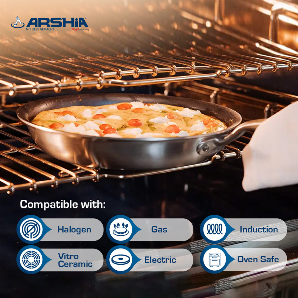 Arshia 20cm Tri-Ply Stainless Steel Fry Pan – Durable 18/10 Steel, Even Heat, Induction Ready