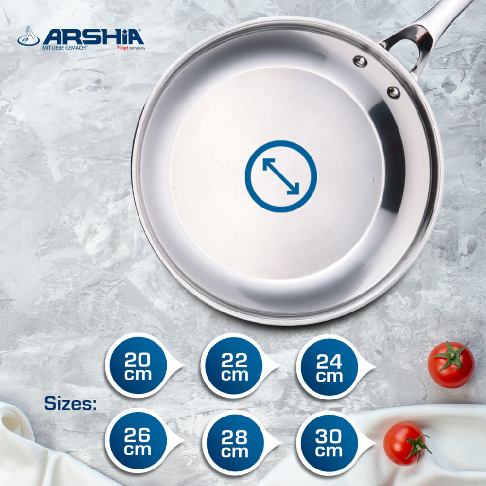 Arshia 20cm Tri-Ply Stainless Steel Fry Pan – Durable 18/10 Steel, Even Heat, Induction Ready