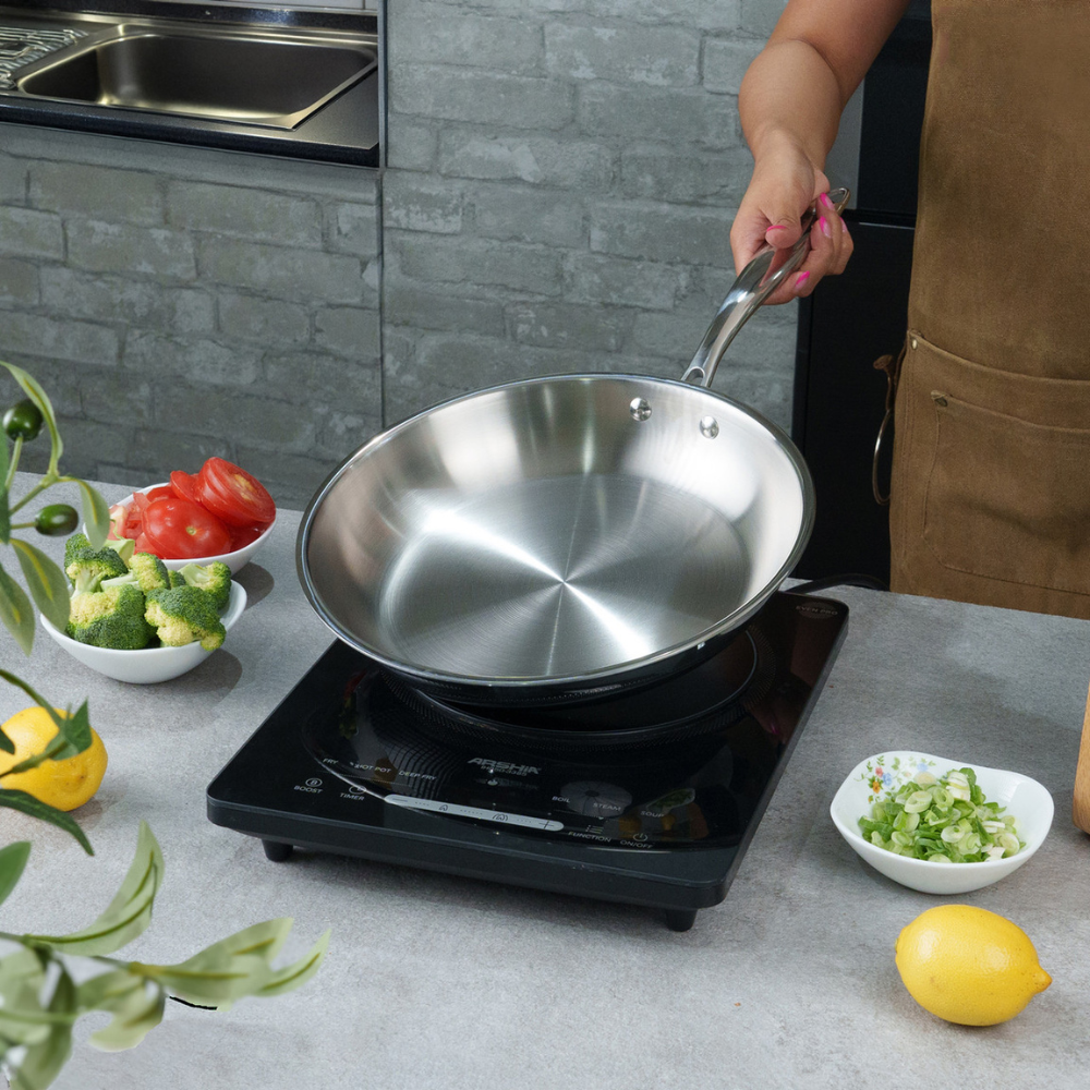 Arshia 20cm Tri-Ply Stainless Steel Fry Pan – Durable 18/10 Steel, Even Heat, Induction Ready