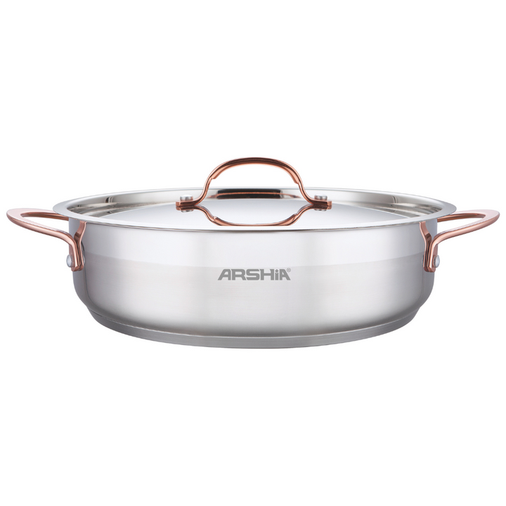 Arshia 32cm Double Handle Frypan with 2 Lids – Premium 18/10 Stainless Steel, Glass & Steel Lids, Durable & Versatile