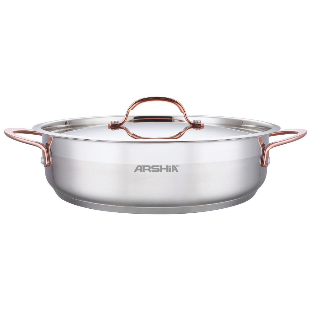 Arshia 32cm Double Handle Frypan with 2 Lids – Premium 18/10 Stainless Steel, Glass & Steel Lids, Durable & Versatile