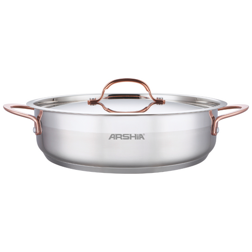 Arshia 32cm Double Handle Frypan with 2 Lids – Premium 18/10 Stainless Steel, Glass & Steel Lids, Durable & Versatile