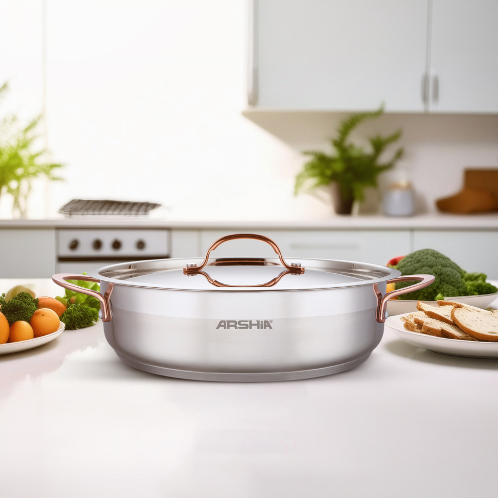 Arshia 32cm Double Handle Frypan with 2 Lids – Premium 18/10 Stainless Steel, Glass & Steel Lids, Durable & Versatile