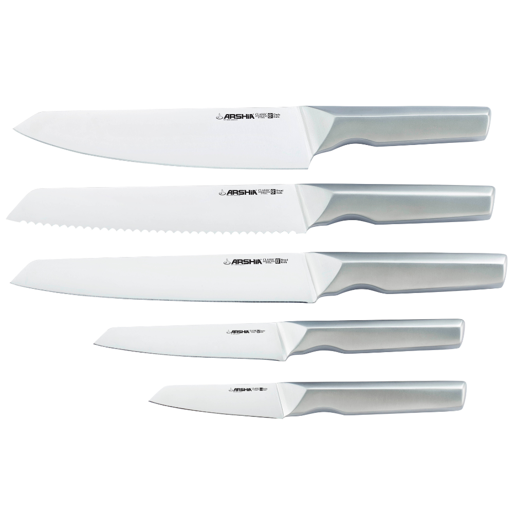 Arshia 7-Piece Knife Set with Wooden Stand & Bamboo Cutting Board – Stainless Steel Blades, Ergonomic Handles