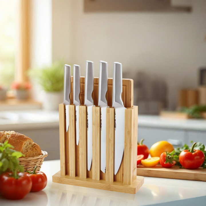 Arshia 7-Piece Knife Set with Wooden Stand & Bamboo Cutting Board – Stainless Steel Blades, Ergonomic Handles
