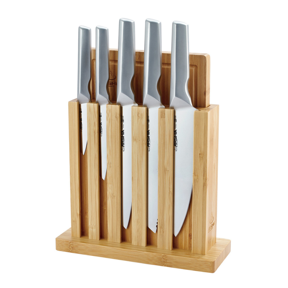 Arshia 7-Piece Knife Set with Wooden Stand & Bamboo Cutting Board – Stainless Steel Blades, Ergonomic Handles