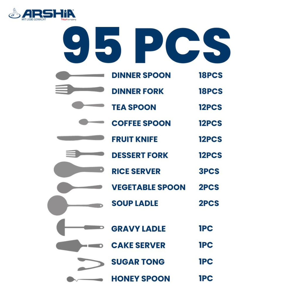Arshia 95-Piece Stainless Steel Cutlery Set – Silver Flatware TM145S | Premium 18/10 Luxury Tableware for Dining & Entertaining