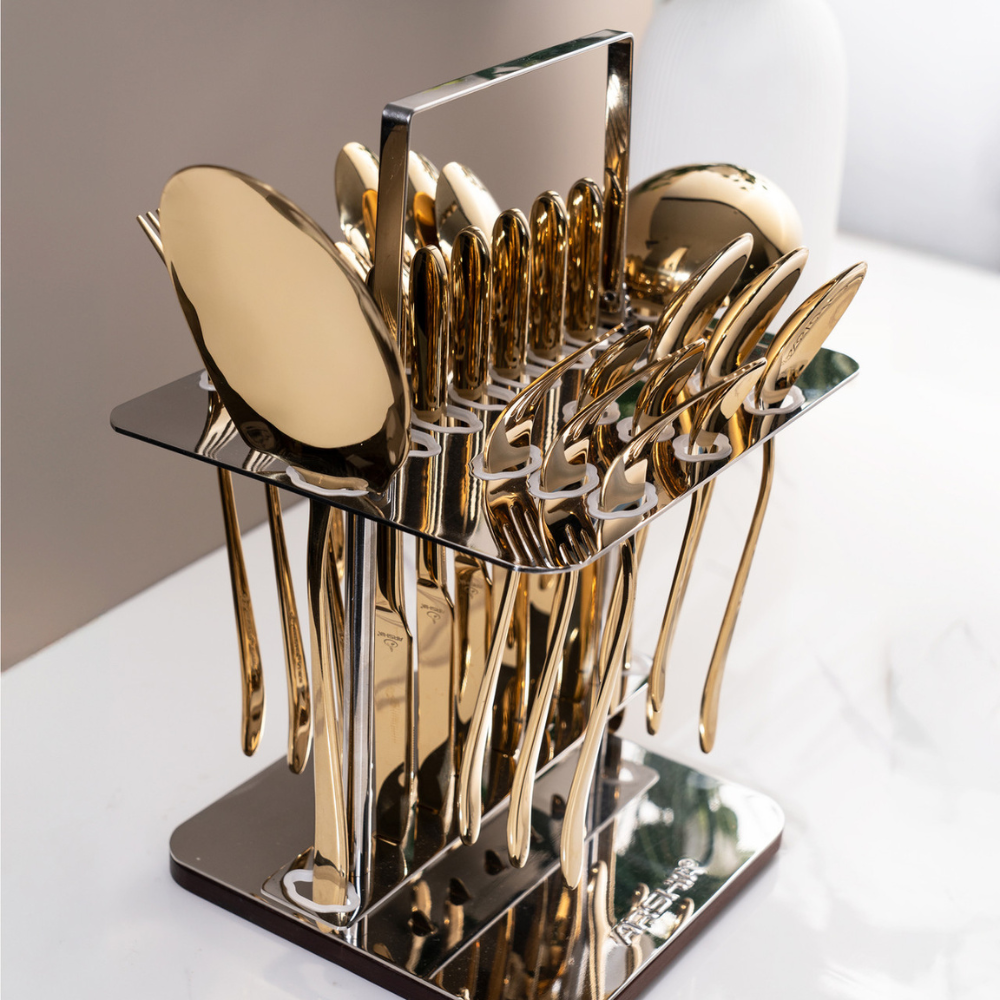 Arshia 26-Piece Shiny Silver Cutlery Set with Stand – Premium 18/10 Stainless Steel Flatware | Mirror-Polished Luxury Tableware