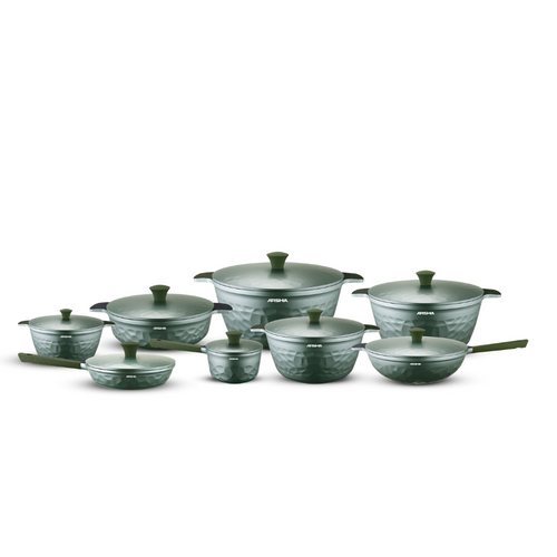 Arshia 16-Piece Green Diamond Cookware Set – Premium Die-Cast Aluminium with Teflon Select Non-Stick | Stylish, Durable & Heat-Efficient