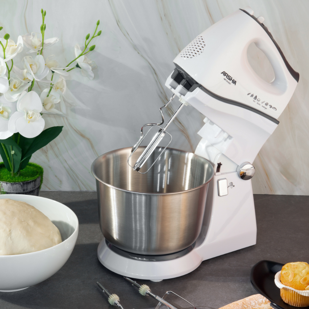 ARSHIA Hand & Stand Mixer with 2L Stainless Steel Bowl – 300W, 5 Speeds + Turbo, White
