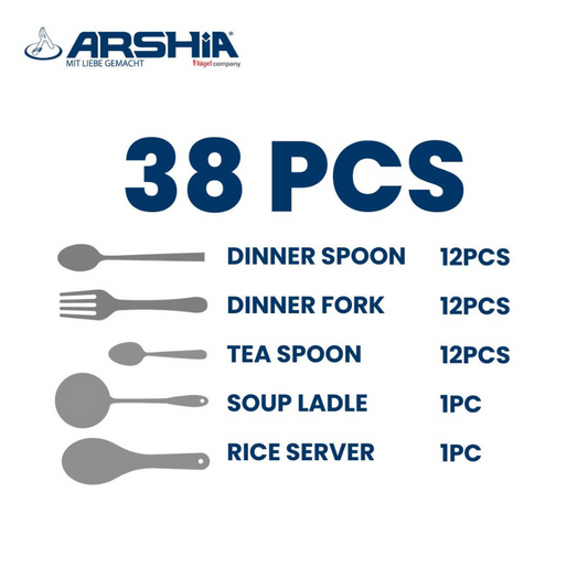 Arshia 38-Piece Stainless Steel Cutlery Set – Silver Matte, 18/10 Steel, Elegant Flatware, Dishwasher Safe