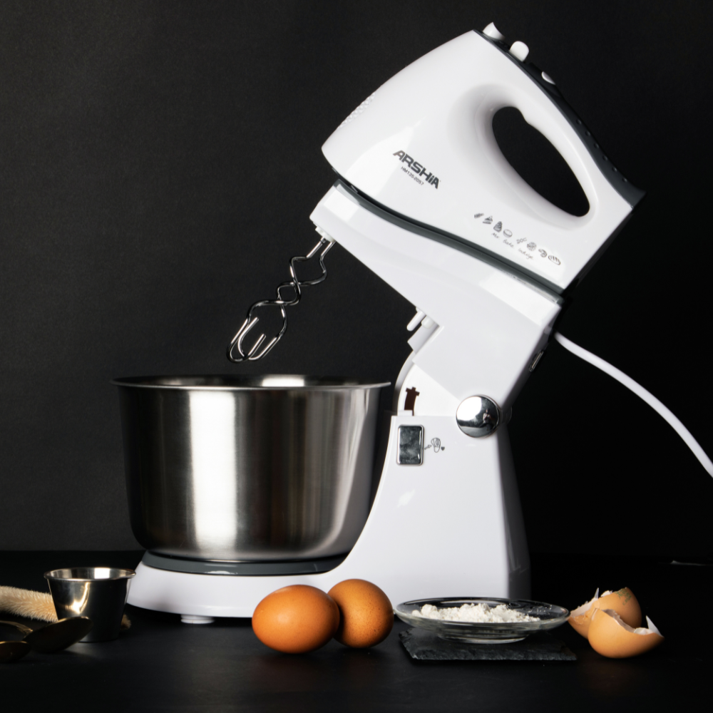 ARSHIA Hand & Stand Mixer with 2L Stainless Steel Bowl – 300W, 5 Speeds + Turbo, White