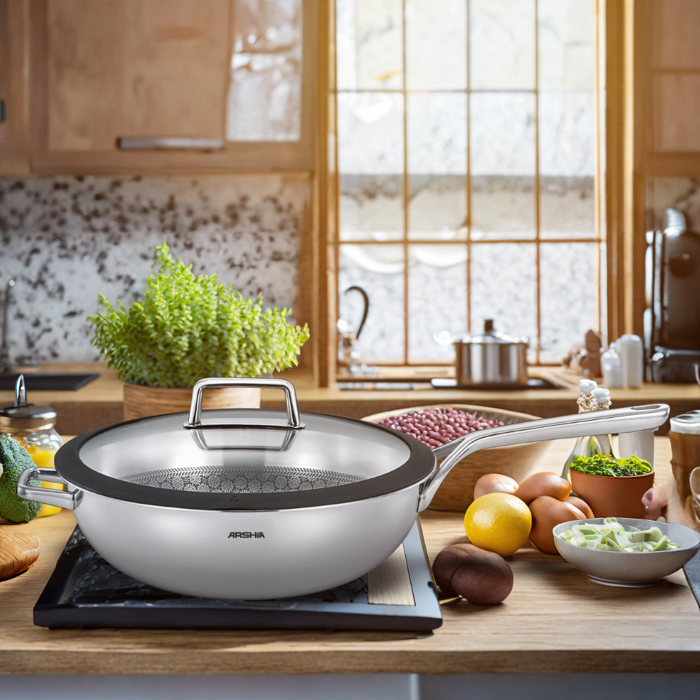 Arshia 30cm Stainless Steel Wok Pan with Lid – 3-Ply, Non-Stick, Even Heat, Versatile Cooking