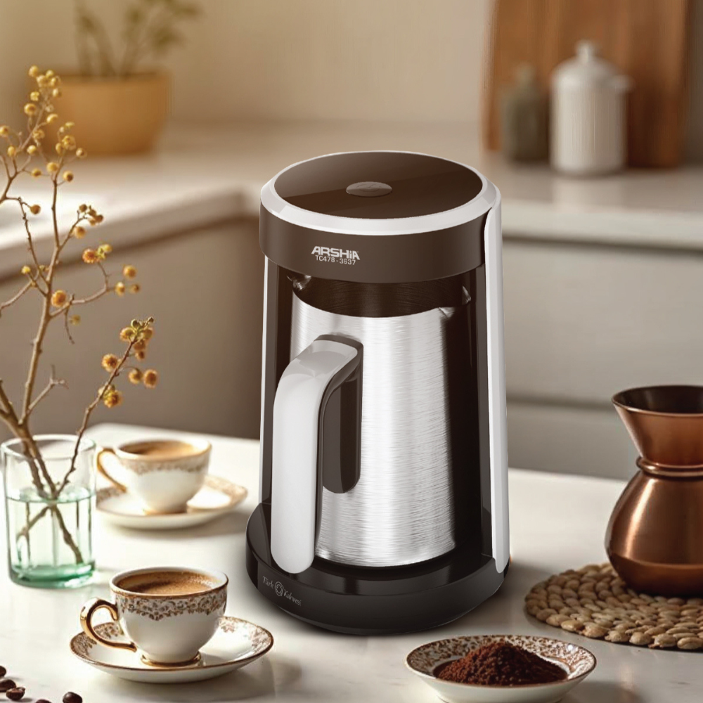 Arshia Turkish Coffee Maker – Experience rich, authentic Turkish coffee at home effortlessly, with a compact design, one-touch operation, smart temperature control, and the ability to brew 2–3 cups in minutes