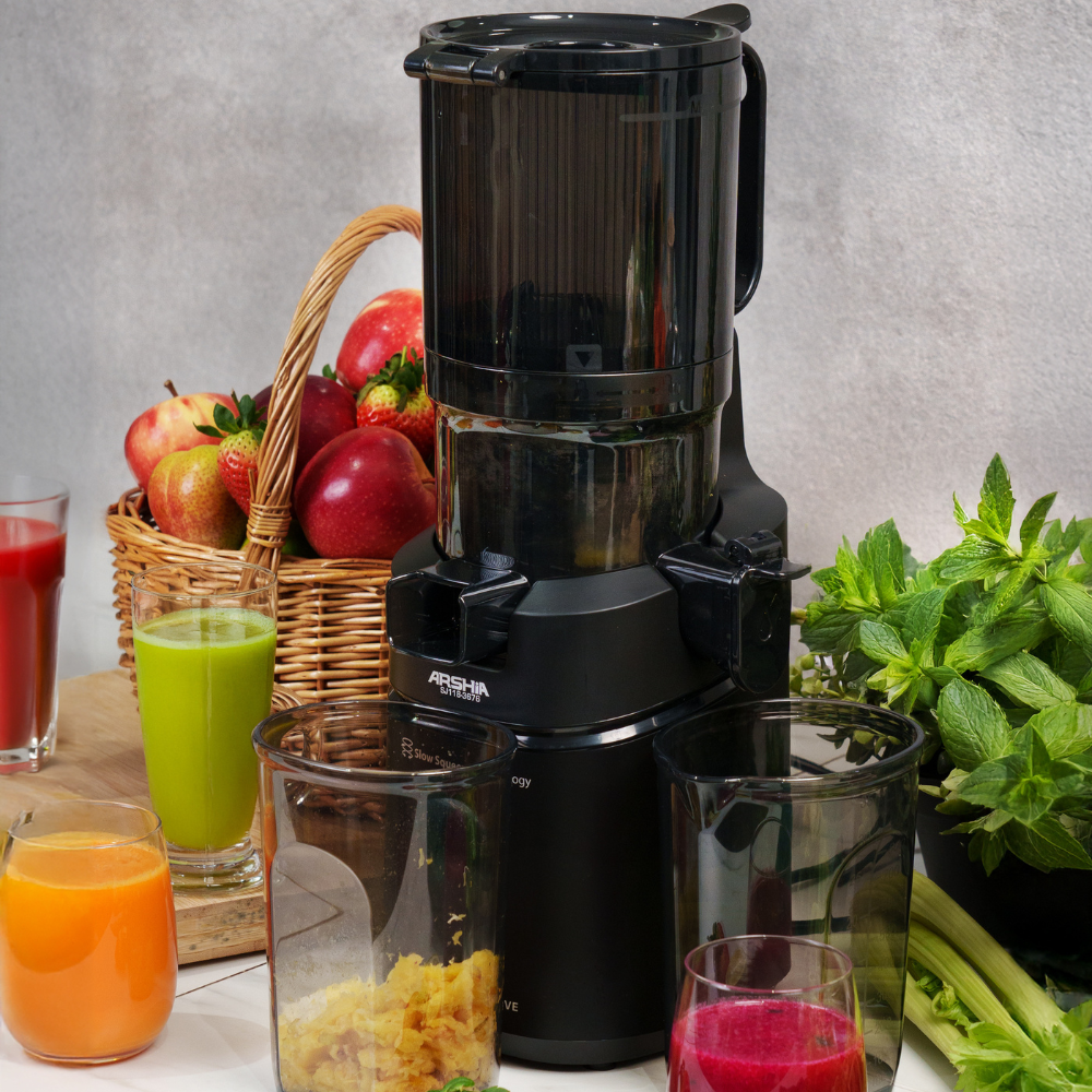 Arshia Slow Juicer 250W – Cold Press Masticating Juicer , 130mm Extra Wide Chute, Triple Filter, Quiet 68dB, Juice & Pulp Cups Included (Grey/Black)