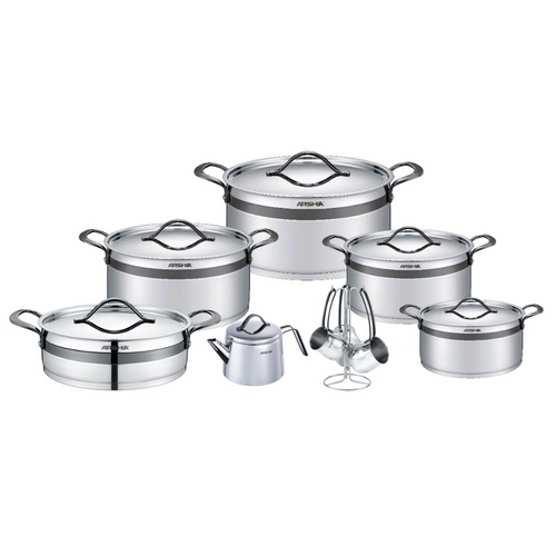Arshia 16-Piece Stainless Steel Cookware Set – Black , Casseroles, Frypan, Teapot & Turkish Coffee Pot, Induction & Gas Compatible, Durable Handles
