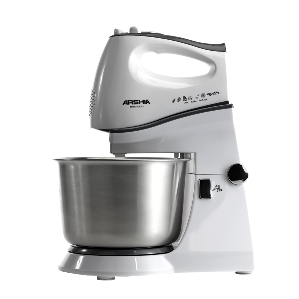 ARSHIA Hand & Stand Mixer with 2L Stainless Steel Bowl – 300W, 5 Speeds + Turbo, White