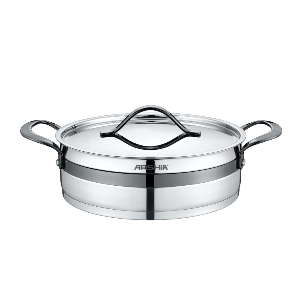 Arshia 16-Piece Stainless Steel Cookware Set – Black , Casseroles, Frypan, Teapot & Turkish Coffee Pot, Induction & Gas Compatible, Durable Handles