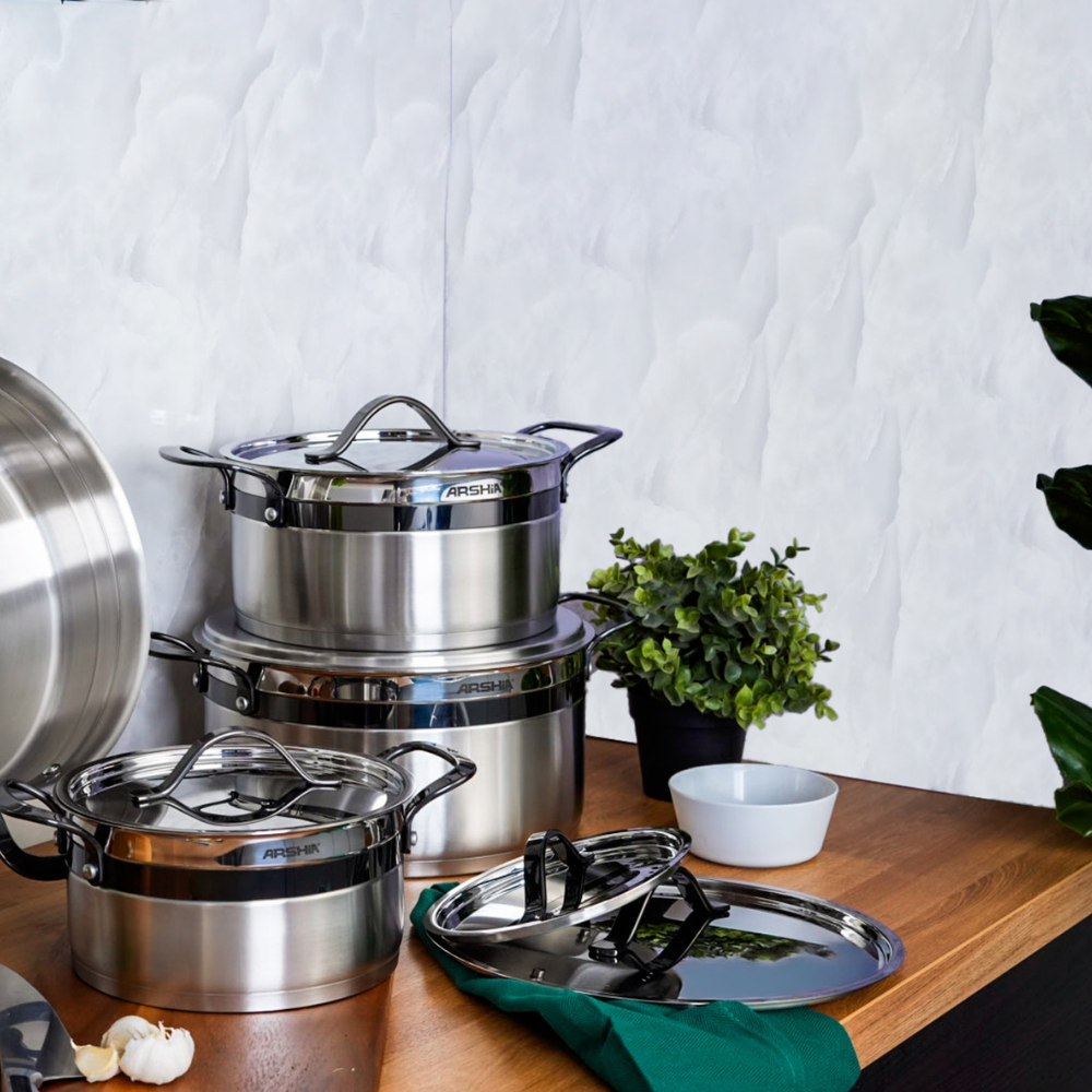 Arshia 16-Piece Stainless Steel Cookware Set – Black , Casseroles, Frypan, Teapot & Turkish Coffee Pot, Induction & Gas Compatible, Durable Handles
