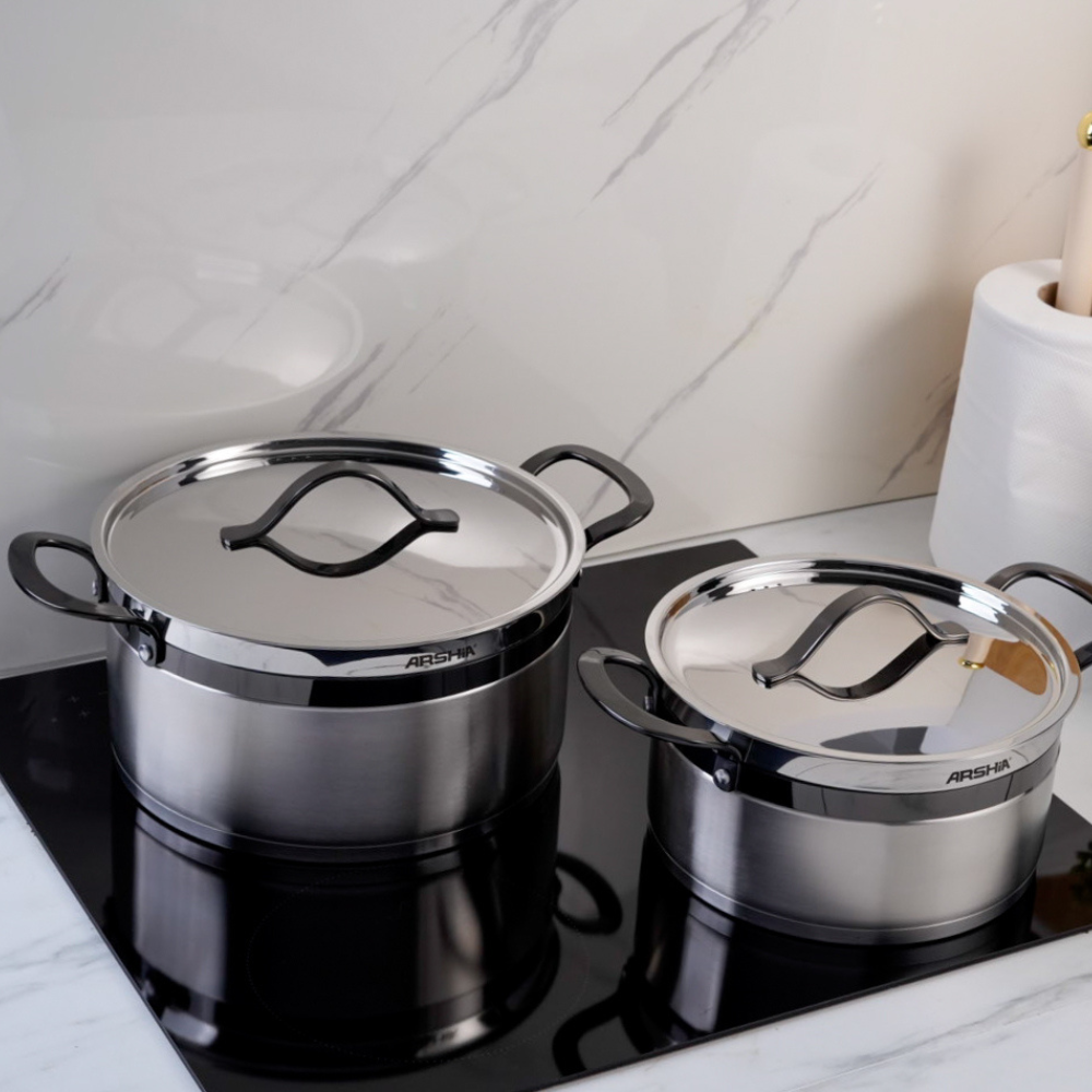 Arshia 16-Piece Stainless Steel Cookware Set – Black , Casseroles, Frypan, Teapot & Turkish Coffee Pot, Induction & Gas Compatible, Durable Handles