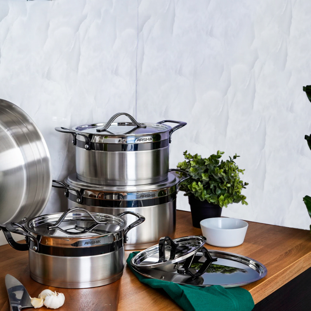 Arshia 16-Piece Stainless Steel Cookware Set – Black , Casseroles, Frypan, Teapot & Turkish Coffee Pot, Induction & Gas Compatible, Durable Handles