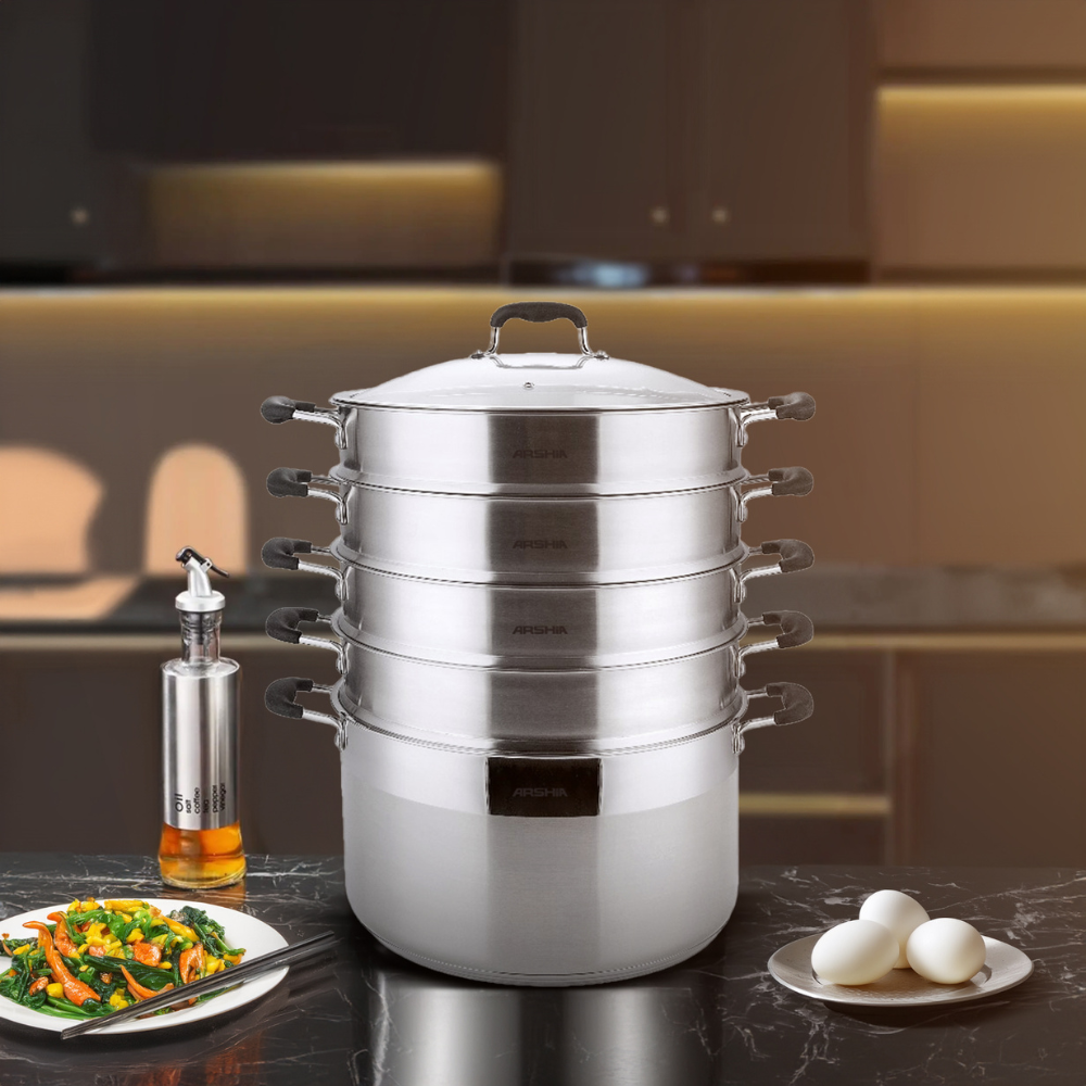 Arshia Stainless Steel Steamer Set 30cm with Glass Lid – 4-Layer, 9.6L Capacity, Multi-Use Stockpot, Induction & Gas Compatible