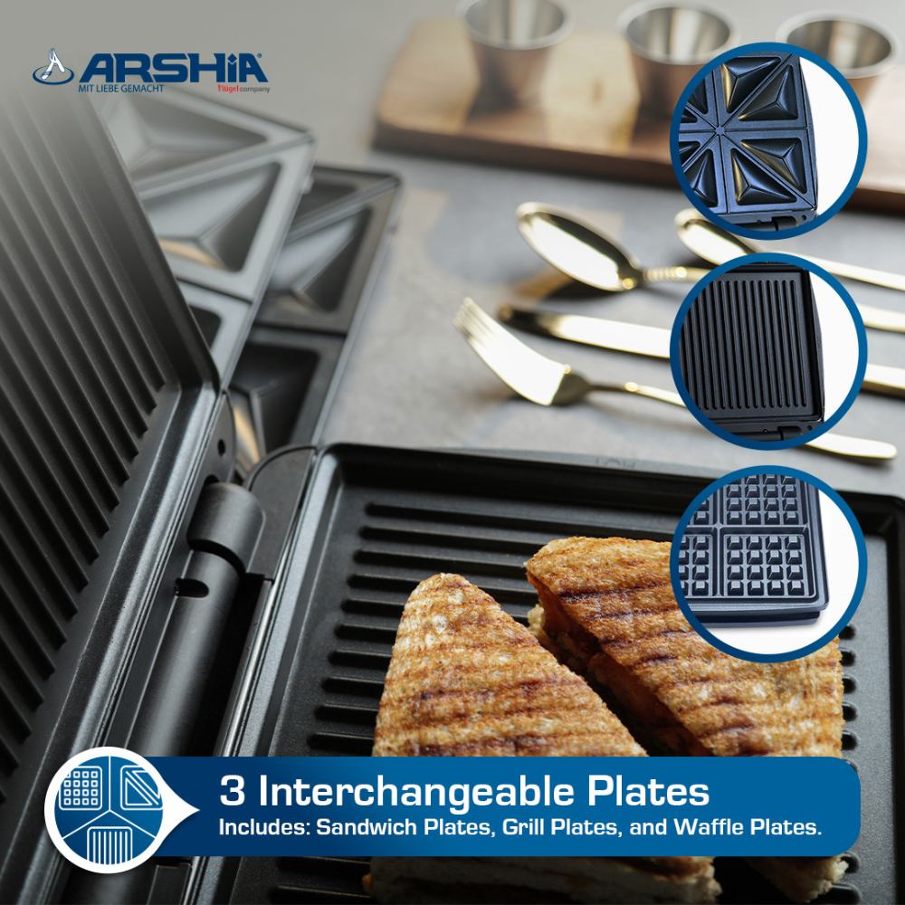 Arshia 4-Slice Sandwich Maker – 3-in-1 with Grill, Waffle & Sandwich Plates, 1200W, Non-Stick