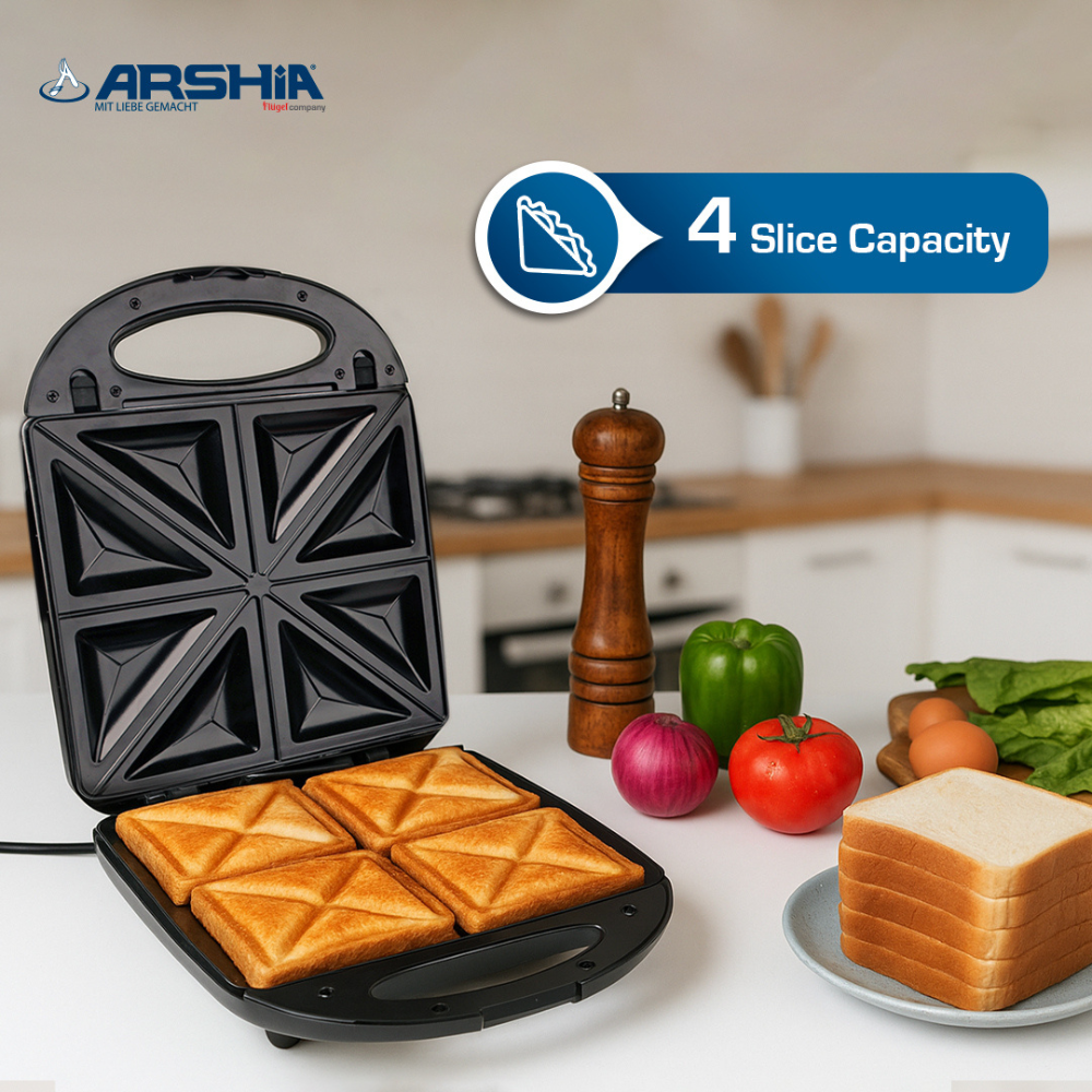 Arshia 4-Slice Sandwich Maker – 3-in-1 with Grill, Waffle & Sandwich Plates, 1200W, Non-Stick