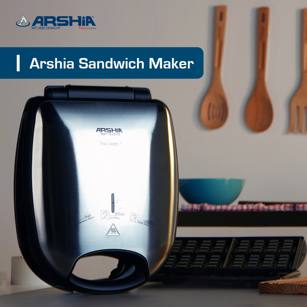 Arshia 4-Slice Sandwich Maker – 3-in-1 with Grill, Waffle & Sandwich Plates, 1200W, Non-Stick