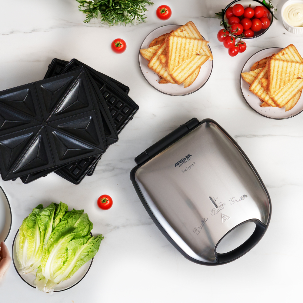 Arshia 4-Slice Sandwich Maker – 3-in-1 with Grill, Waffle & Sandwich Plates, 1200W, Non-Stick