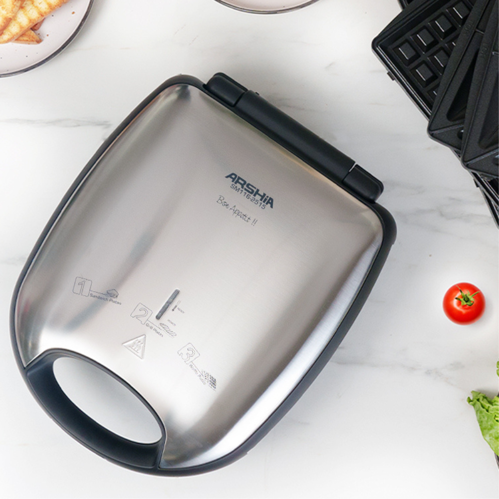 Arshia 4-Slice Sandwich Maker – 3-in-1 with Grill, Waffle & Sandwich Plates, 1200W, Non-Stick