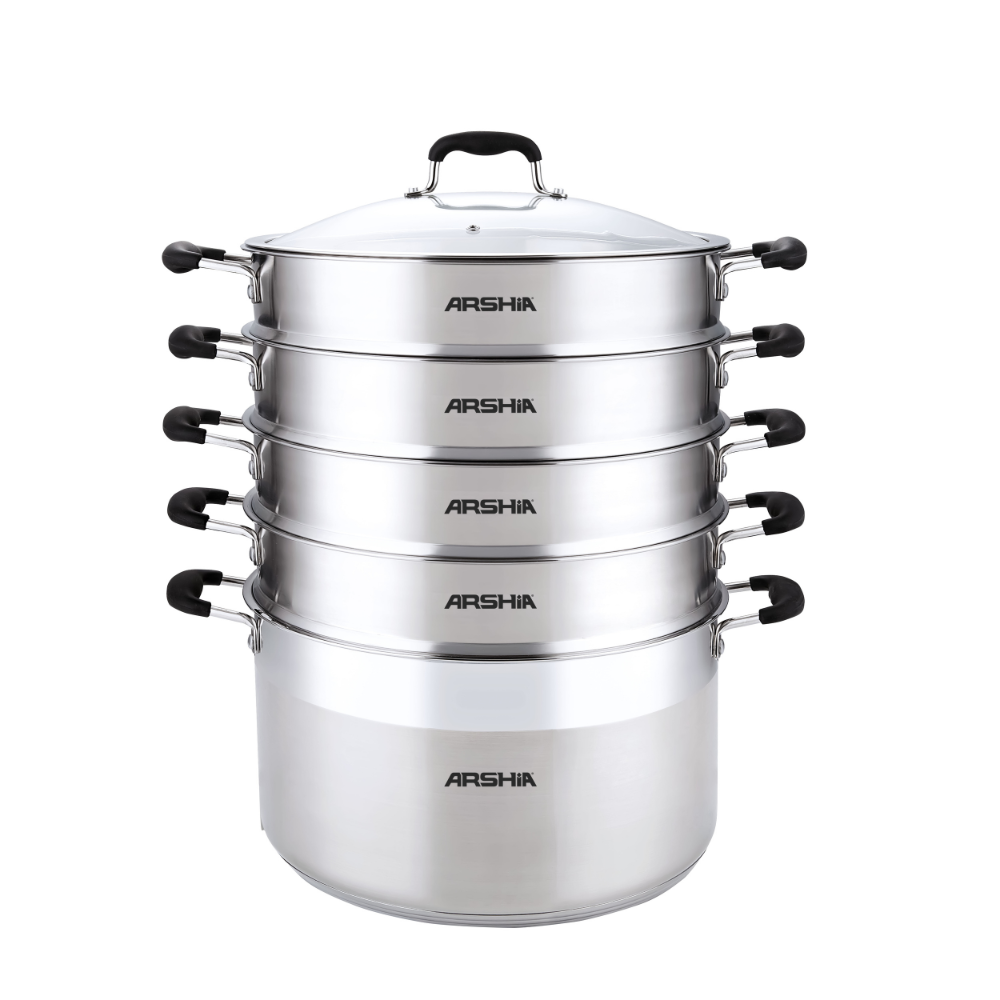 Arshia Premium Stainless Steel Steamer Pot – 32cm, 5-Layer Base, 8L Capacity