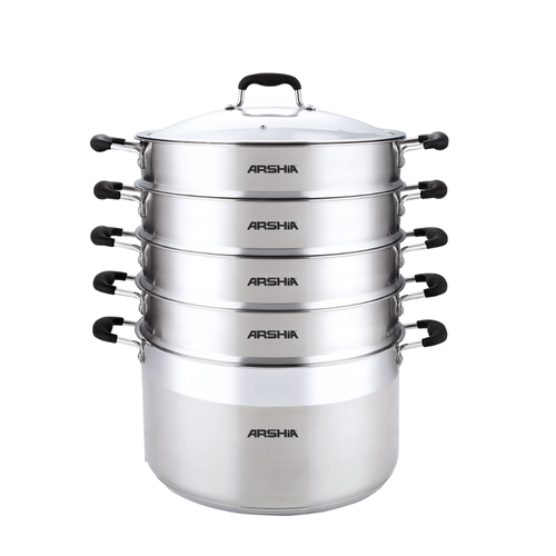 Arshia Premium Stainless Steel Steamer Pot – 32cm, 5-Layer Base, 8L Capacity
